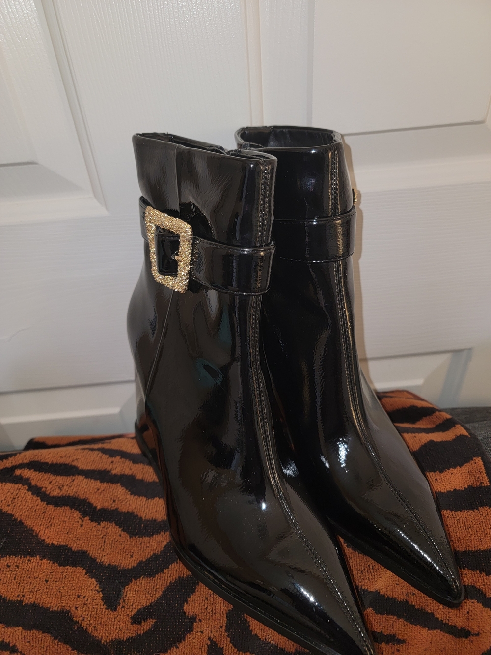Sam Edelman Black Patent Pointed Ankle Booties with Gold Buckle